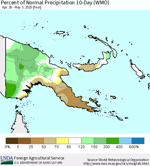 Papua New Guinea Percent of Normal Precipitation 10-Day (WMO) Thematic Map For 4/26/2020 - 5/5/2020