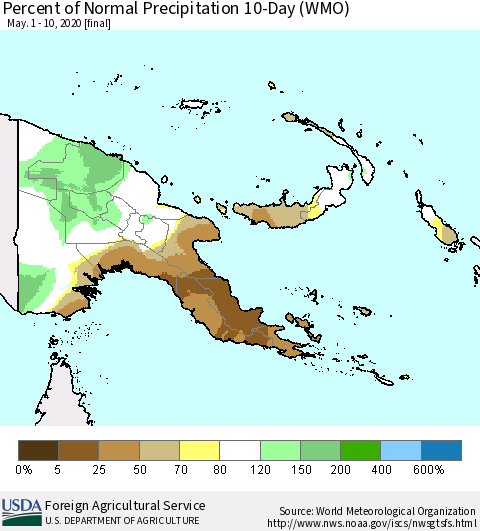 Papua New Guinea Percent of Normal Precipitation 10-Day (WMO) Thematic Map For 5/1/2020 - 5/10/2020