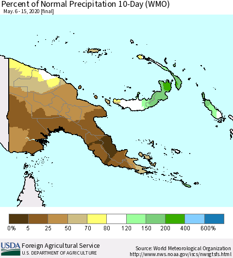 Papua New Guinea Percent of Normal Precipitation 10-Day (WMO) Thematic Map For 5/6/2020 - 5/15/2020