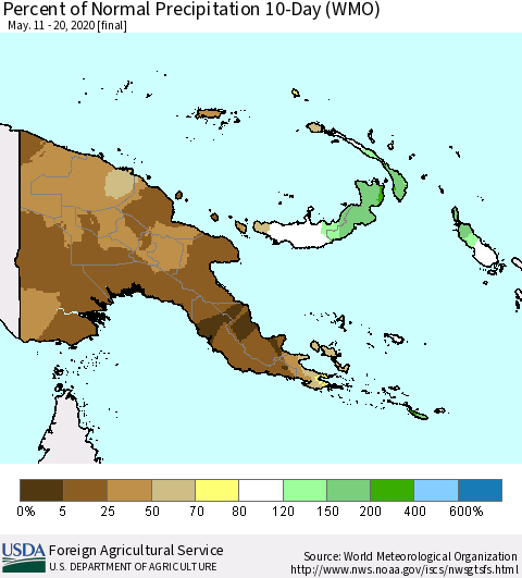 Papua New Guinea Percent of Normal Precipitation 10-Day (WMO) Thematic Map For 5/11/2020 - 5/20/2020