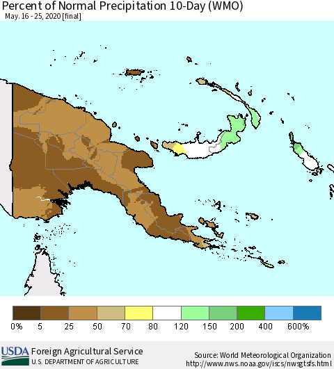 Papua New Guinea Percent of Normal Precipitation 10-Day (WMO) Thematic Map For 5/16/2020 - 5/25/2020