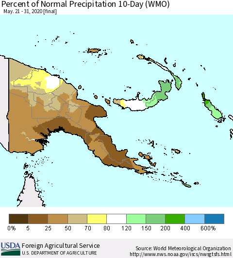 Papua New Guinea Percent of Normal Precipitation 10-Day (WMO) Thematic Map For 5/21/2020 - 5/31/2020