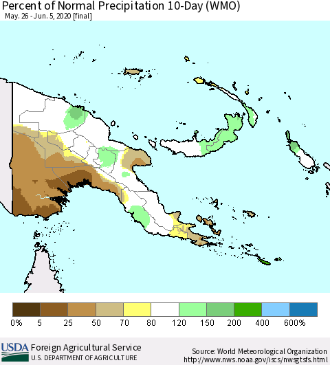 Papua New Guinea Percent of Normal Precipitation 10-Day (WMO) Thematic Map For 5/26/2020 - 6/5/2020