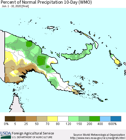 Papua New Guinea Percent of Normal Precipitation 10-Day (WMO) Thematic Map For 6/1/2020 - 6/10/2020