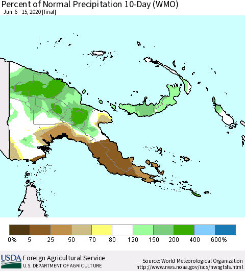 Papua New Guinea Percent of Normal Precipitation 10-Day (WMO) Thematic Map For 6/6/2020 - 6/15/2020