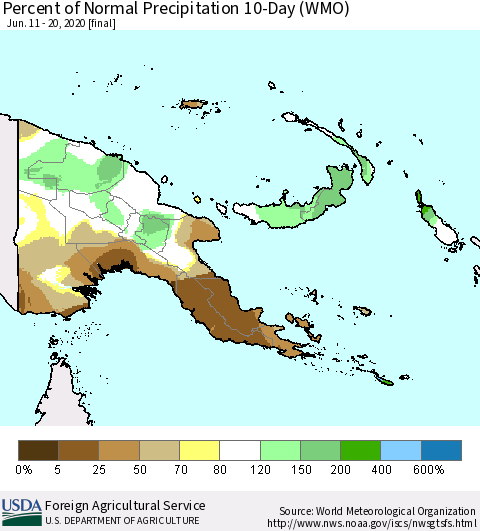 Papua New Guinea Percent of Normal Precipitation 10-Day (WMO) Thematic Map For 6/11/2020 - 6/20/2020