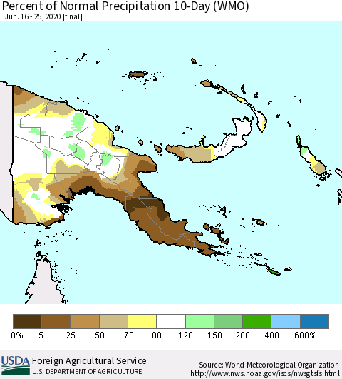 Papua New Guinea Percent of Normal Precipitation 10-Day (WMO) Thematic Map For 6/16/2020 - 6/25/2020