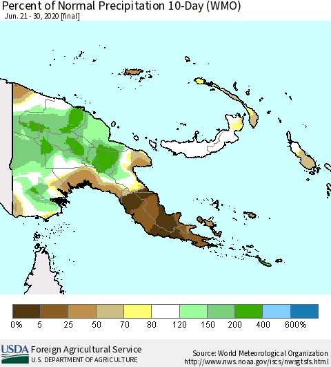 Papua New Guinea Percent of Normal Precipitation 10-Day (WMO) Thematic Map For 6/21/2020 - 6/30/2020