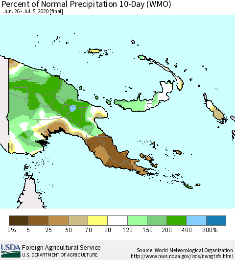 Papua New Guinea Percent of Normal Precipitation 10-Day (WMO) Thematic Map For 6/26/2020 - 7/5/2020