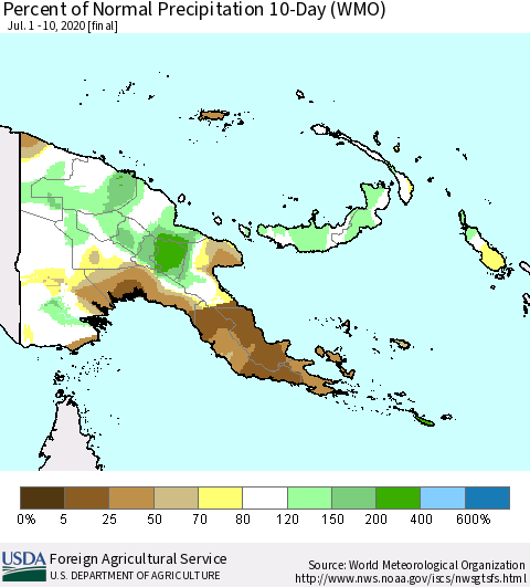 Papua New Guinea Percent of Normal Precipitation 10-Day (WMO) Thematic Map For 7/1/2020 - 7/10/2020