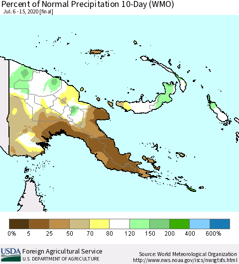 Papua New Guinea Percent of Normal Precipitation 10-Day (WMO) Thematic Map For 7/6/2020 - 7/15/2020