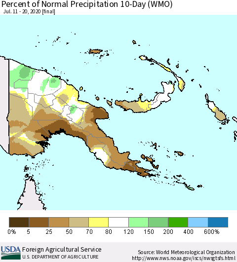 Papua New Guinea Percent of Normal Precipitation 10-Day (WMO) Thematic Map For 7/11/2020 - 7/20/2020