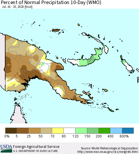 Papua New Guinea Percent of Normal Precipitation 10-Day (WMO) Thematic Map For 7/16/2020 - 7/25/2020