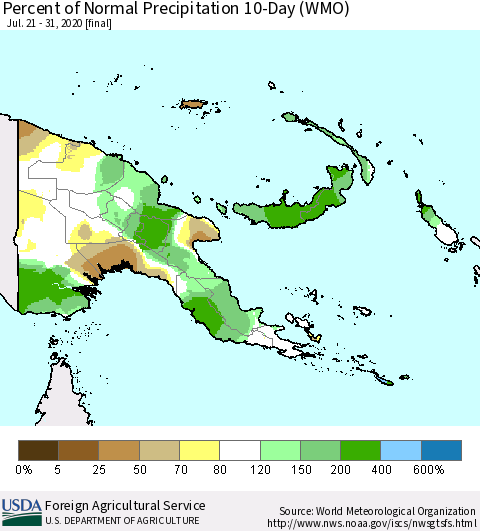 Papua New Guinea Percent of Normal Precipitation 10-Day (WMO) Thematic Map For 7/21/2020 - 7/31/2020