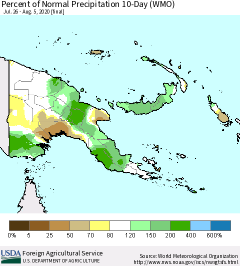 Papua New Guinea Percent of Normal Precipitation 10-Day (WMO) Thematic Map For 7/26/2020 - 8/5/2020