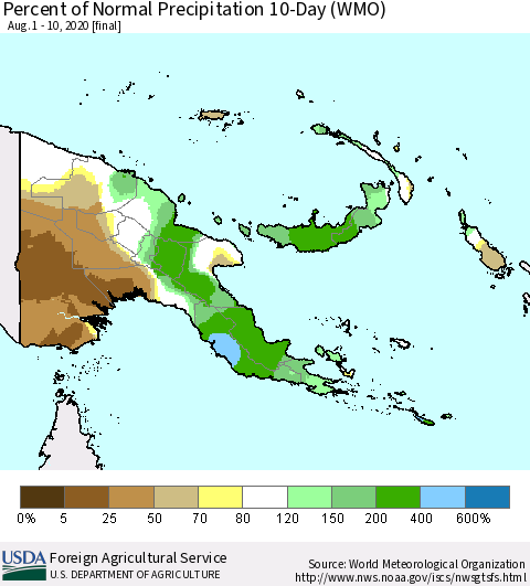 Papua New Guinea Percent of Normal Precipitation 10-Day (WMO) Thematic Map For 8/1/2020 - 8/10/2020