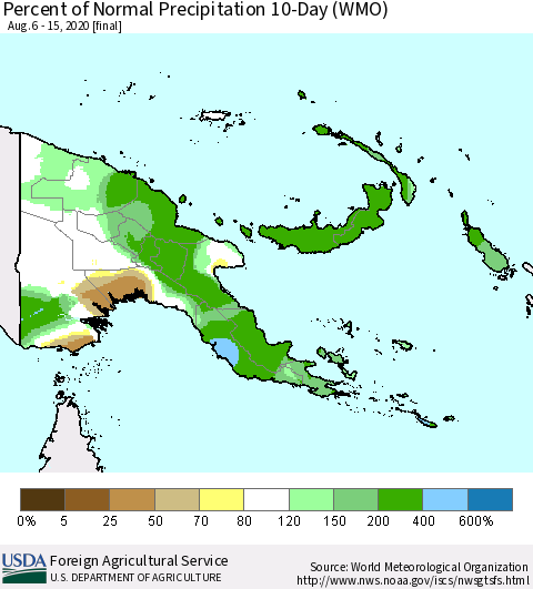 Papua New Guinea Percent of Normal Precipitation 10-Day (WMO) Thematic Map For 8/6/2020 - 8/15/2020