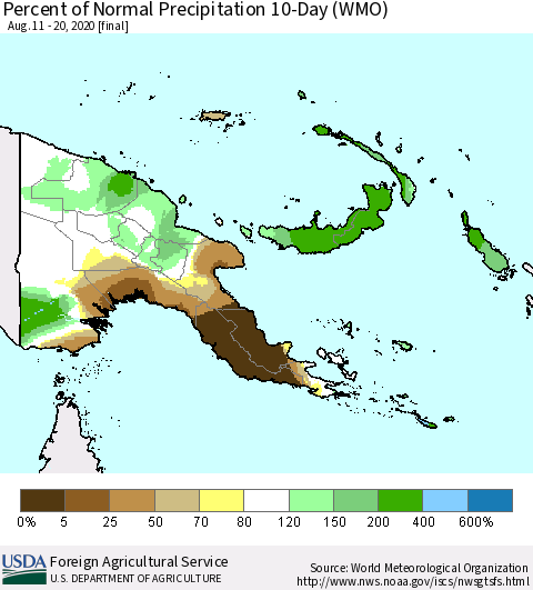 Papua New Guinea Percent of Normal Precipitation 10-Day (WMO) Thematic Map For 8/11/2020 - 8/20/2020