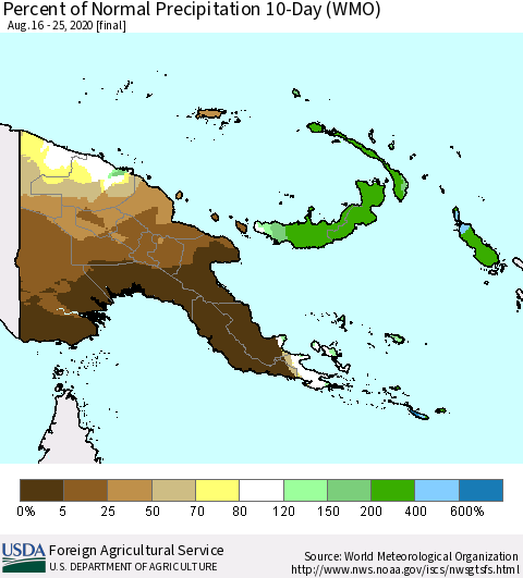 Papua New Guinea Percent of Normal Precipitation 10-Day (WMO) Thematic Map For 8/16/2020 - 8/25/2020