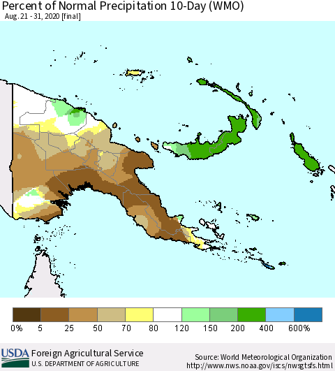 Papua New Guinea Percent of Normal Precipitation 10-Day (WMO) Thematic Map For 8/21/2020 - 8/31/2020
