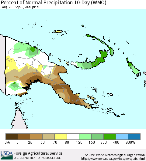 Papua New Guinea Percent of Normal Precipitation 10-Day (WMO) Thematic Map For 8/26/2020 - 9/5/2020