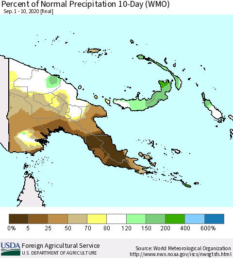 Papua New Guinea Percent of Normal Precipitation 10-Day (WMO) Thematic Map For 9/1/2020 - 9/10/2020