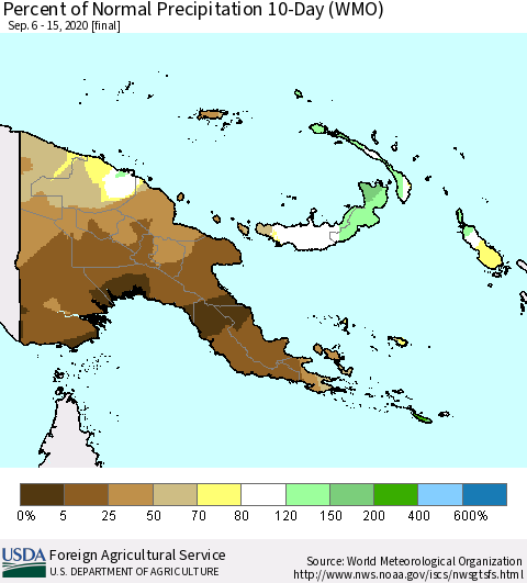 Papua New Guinea Percent of Normal Precipitation 10-Day (WMO) Thematic Map For 9/6/2020 - 9/15/2020