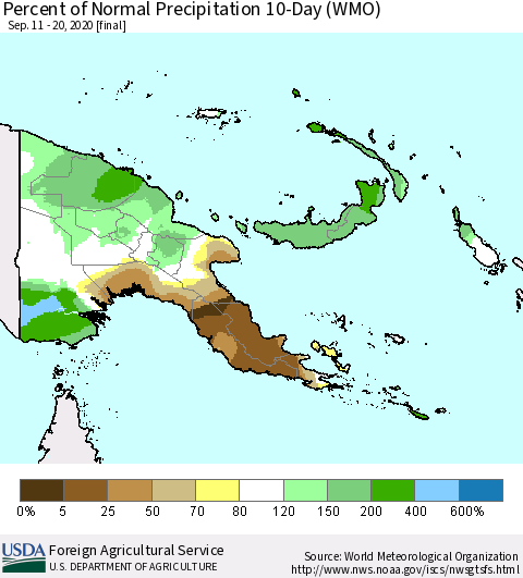 Papua New Guinea Percent of Normal Precipitation 10-Day (WMO) Thematic Map For 9/11/2020 - 9/20/2020