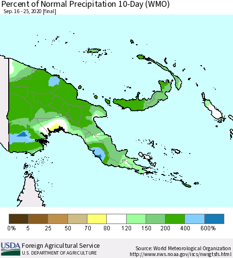 Papua New Guinea Percent of Normal Precipitation 10-Day (WMO) Thematic Map For 9/16/2020 - 9/25/2020