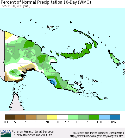 Papua New Guinea Percent of Normal Precipitation 10-Day (WMO) Thematic Map For 9/21/2020 - 9/30/2020