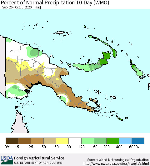 Papua New Guinea Percent of Normal Precipitation 10-Day (WMO) Thematic Map For 9/26/2020 - 10/5/2020
