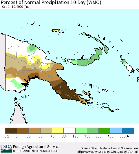 Papua New Guinea Percent of Normal Precipitation 10-Day (WMO) Thematic Map For 10/1/2020 - 10/10/2020