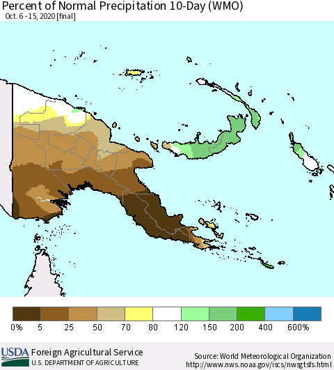 Papua New Guinea Percent of Normal Precipitation 10-Day (WMO) Thematic Map For 10/6/2020 - 10/15/2020