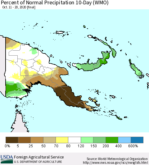 Papua New Guinea Percent of Normal Precipitation 10-Day (WMO) Thematic Map For 10/11/2020 - 10/20/2020
