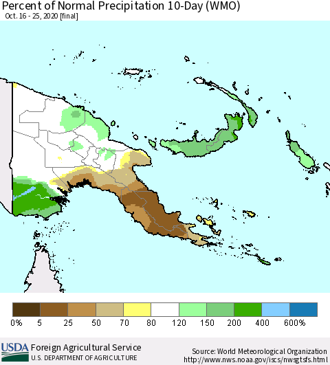 Papua New Guinea Percent of Normal Precipitation 10-Day (WMO) Thematic Map For 10/16/2020 - 10/25/2020