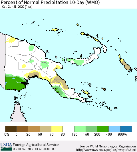 Papua New Guinea Percent of Normal Precipitation 10-Day (WMO) Thematic Map For 10/21/2020 - 10/31/2020