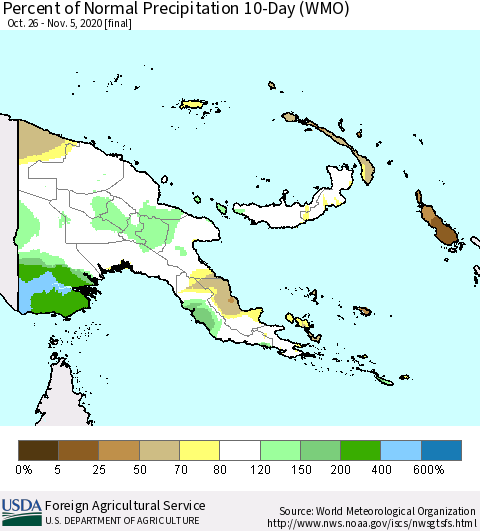 Papua New Guinea Percent of Normal Precipitation 10-Day (WMO) Thematic Map For 10/26/2020 - 11/5/2020