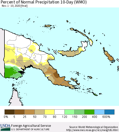 Papua New Guinea Percent of Normal Precipitation 10-Day (WMO) Thematic Map For 11/1/2020 - 11/10/2020