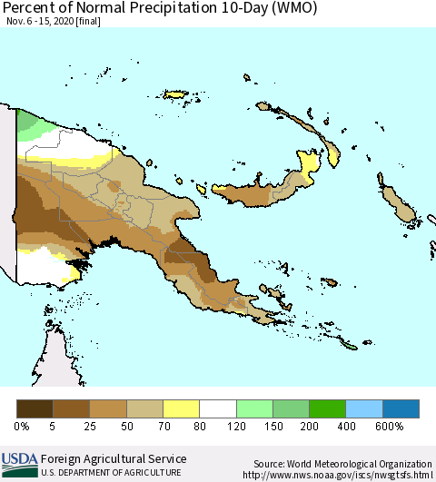 Papua New Guinea Percent of Normal Precipitation 10-Day (WMO) Thematic Map For 11/6/2020 - 11/15/2020