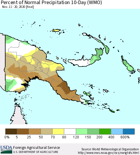 Papua New Guinea Percent of Normal Precipitation 10-Day (WMO) Thematic Map For 11/11/2020 - 11/20/2020