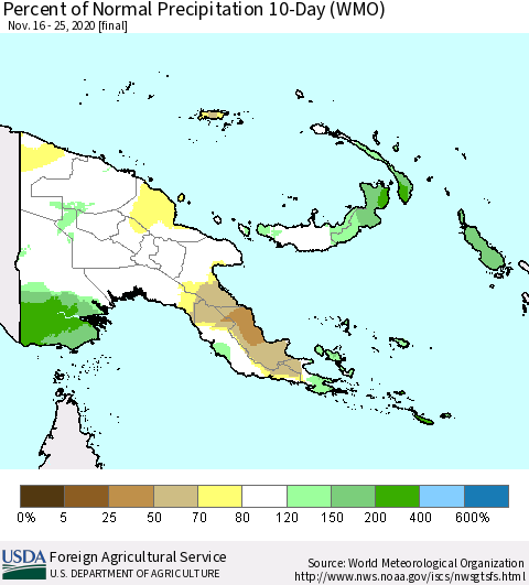 Papua New Guinea Percent of Normal Precipitation 10-Day (WMO) Thematic Map For 11/16/2020 - 11/25/2020