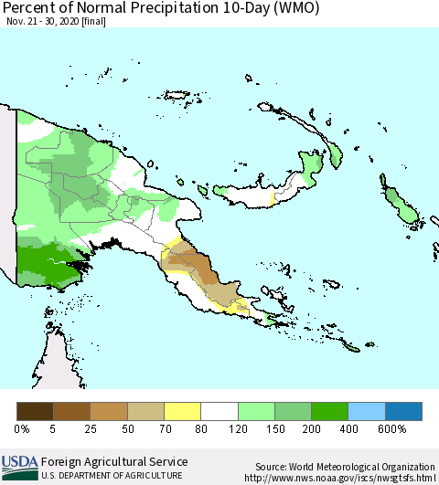 Papua New Guinea Percent of Normal Precipitation 10-Day (WMO) Thematic Map For 11/21/2020 - 11/30/2020