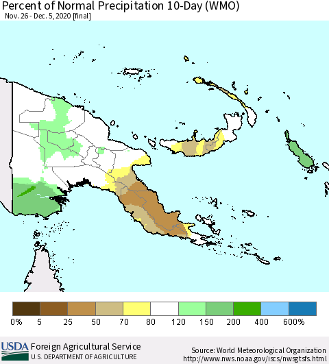 Papua New Guinea Percent of Normal Precipitation 10-Day (WMO) Thematic Map For 11/26/2020 - 12/5/2020