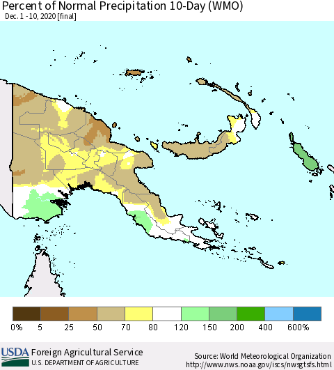 Papua New Guinea Percent of Normal Precipitation 10-Day (WMO) Thematic Map For 12/1/2020 - 12/10/2020