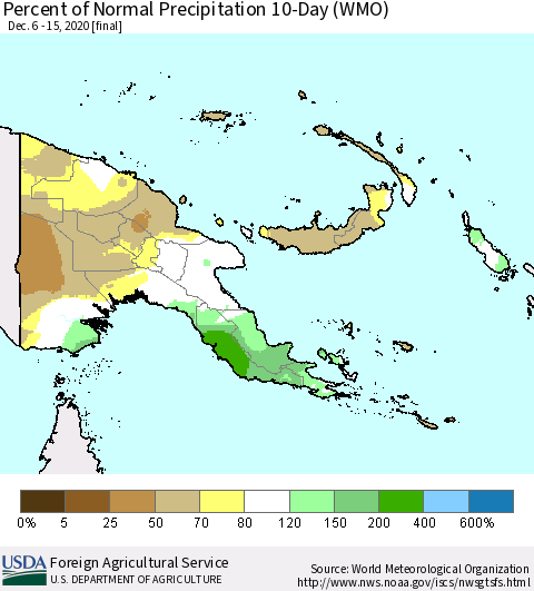 Papua New Guinea Percent of Normal Precipitation 10-Day (WMO) Thematic Map For 12/6/2020 - 12/15/2020