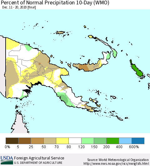 Papua New Guinea Percent of Normal Precipitation 10-Day (WMO) Thematic Map For 12/11/2020 - 12/20/2020