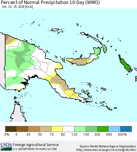 Papua New Guinea Percent of Normal Precipitation 10-Day (WMO) Thematic Map For 12/16/2020 - 12/25/2020
