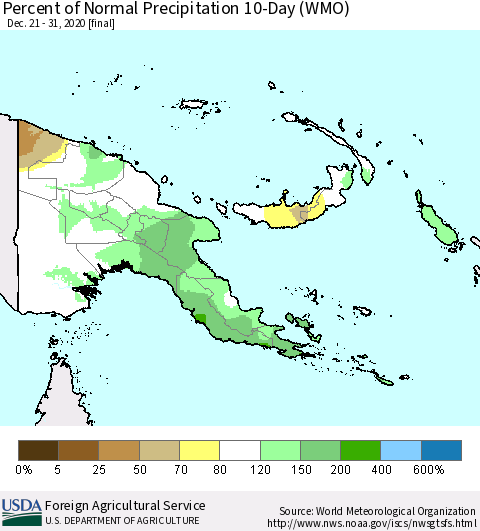 Papua New Guinea Percent of Normal Precipitation 10-Day (WMO) Thematic Map For 12/21/2020 - 12/31/2020