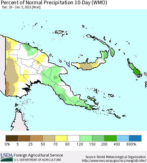 Papua New Guinea Percent of Normal Precipitation 10-Day (WMO) Thematic Map For 12/26/2020 - 1/5/2021