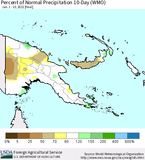 Papua New Guinea Percent of Normal Precipitation 10-Day (WMO) Thematic Map For 1/1/2022 - 1/10/2022